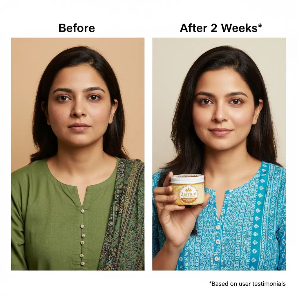 Before and after comparison of a woman holding a jar of Zafrani.