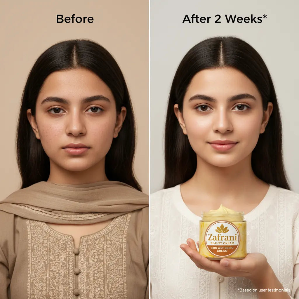 Before and after comparison of a woman's face with a jar of Zafrani Beauty Cream.