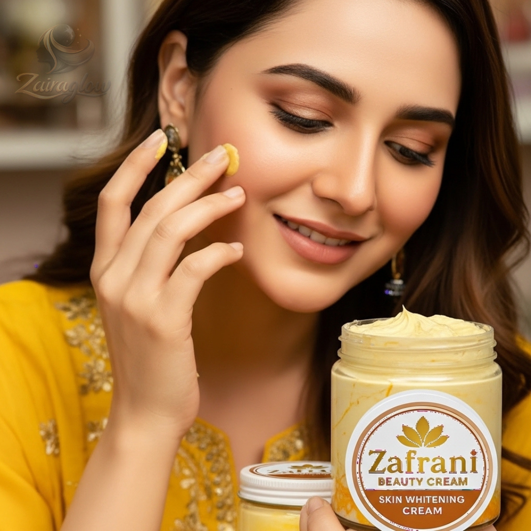 Woman applying Zafrani Beauty Cream for naturally radiant skin